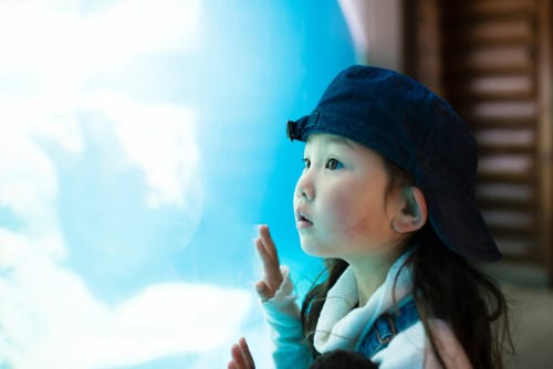 Mädchen betrachtet Fische im Aquarium